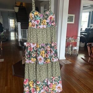 Green and Pink Tiered Maxi Sundress with Spaghetti Straps